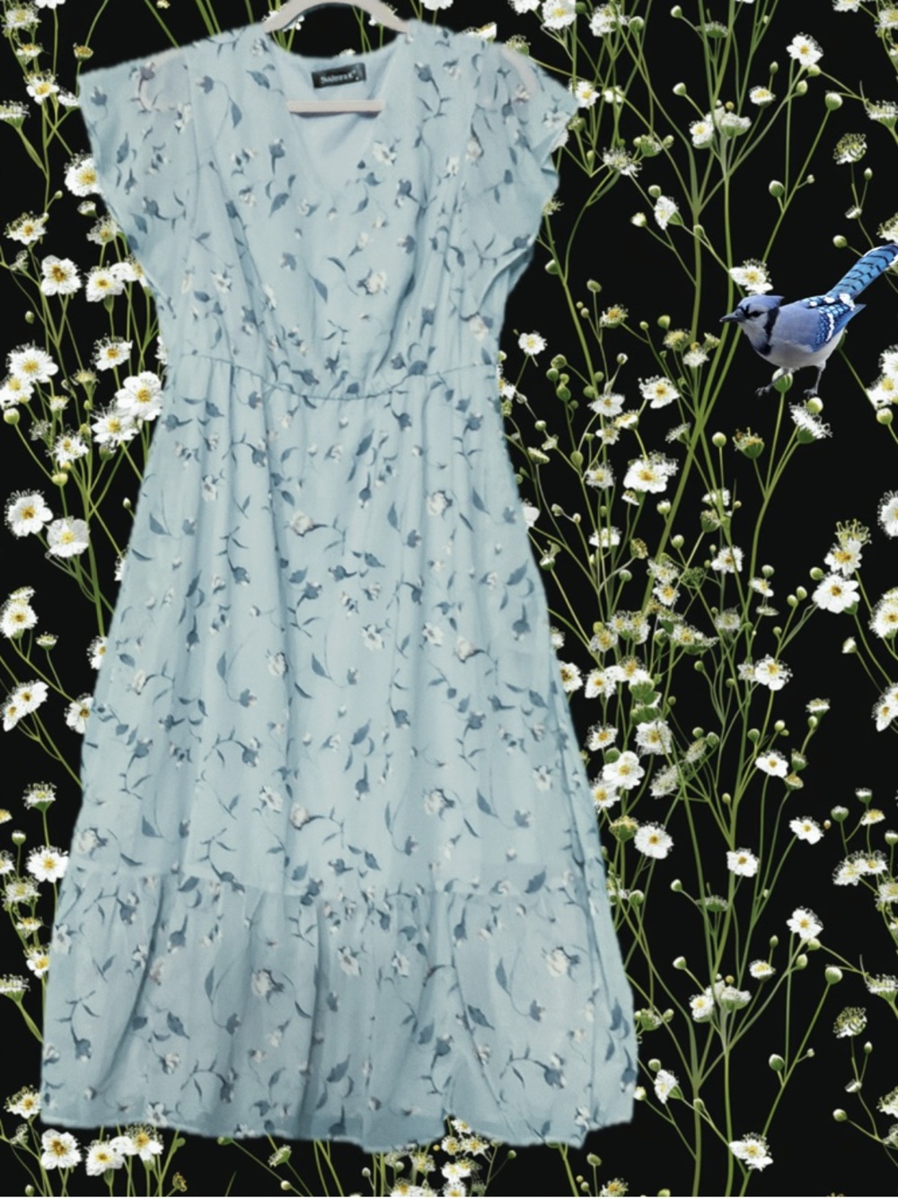 Light Blue Floral V-Neck Midi Dress • NWT • 15" stretch to 19" p2p, 46" length